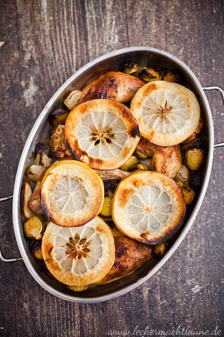 Zitronen-Hähnchenschenkel mit Knoblauch und Rosenkohl - lecker macht laune